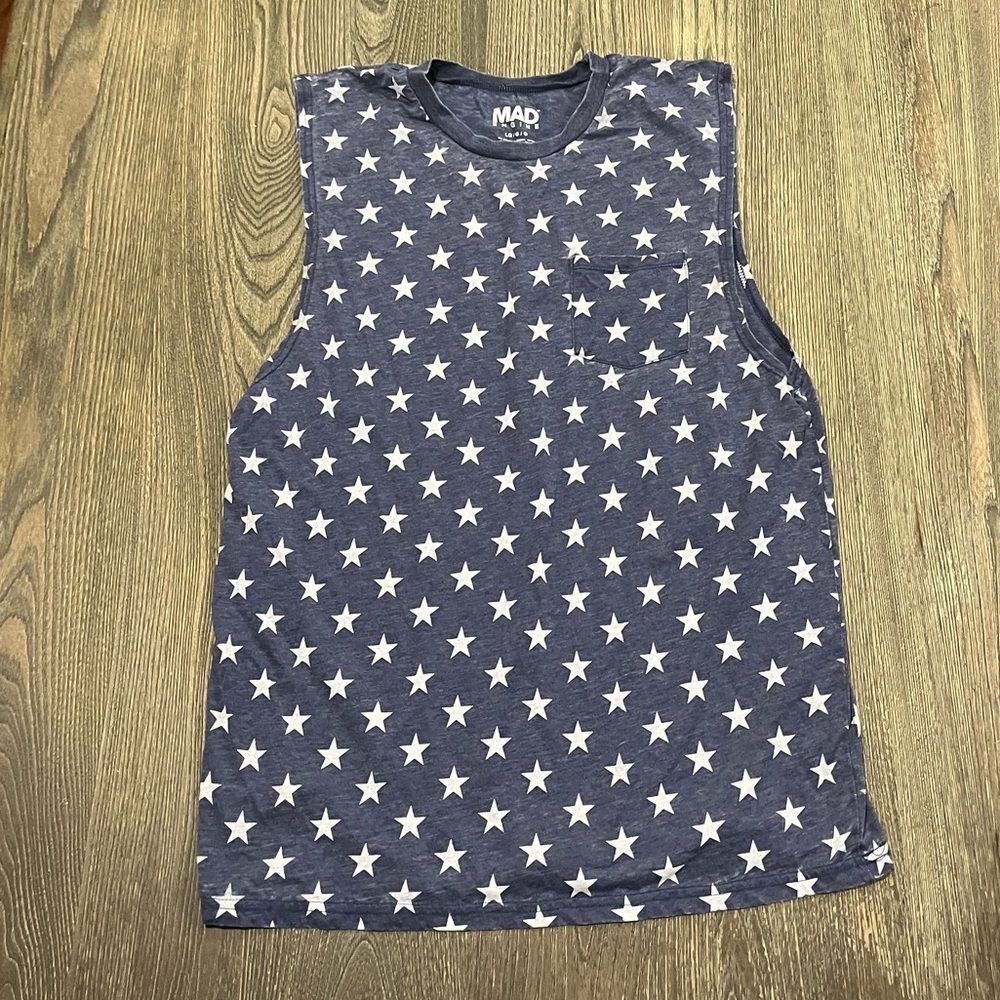 Mad Engine Tank Top Sleeveless Crew Neck Casual Star Print Navy Blue Large